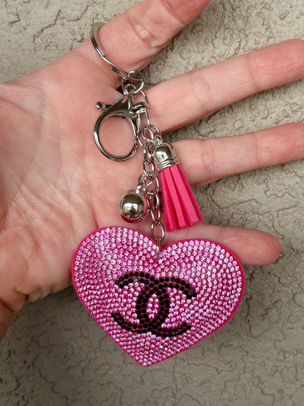 Vibrant Pink Crystal Heart Keychain with Black Monogram - Picture 6 of 6
